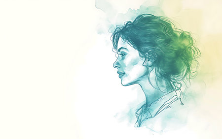 Double exposure portrait of a beautiful girl with long hair and blue watercolor background.の素材