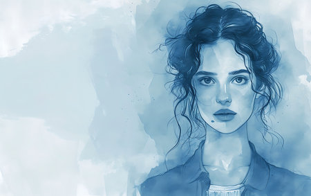 Portrait of a beautiful young woman with curly hair and blue eyes.の素材