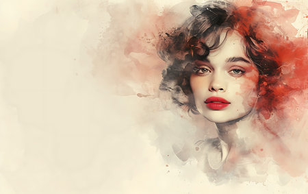 Portrait of a beautiful young woman with red lips and curly hair.の素材