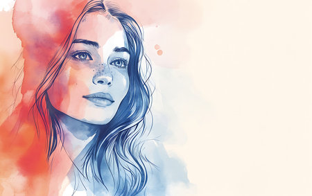 Beautiful young woman with long hair. Watercolor painting illustration.の素材