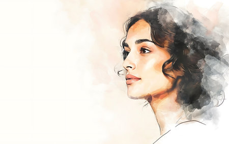 Beautiful young woman with long curly hair, watercolor illustration.の素材