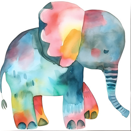 Watercolor illustration of an elephant with multicolored spots on a white backgroundの素材