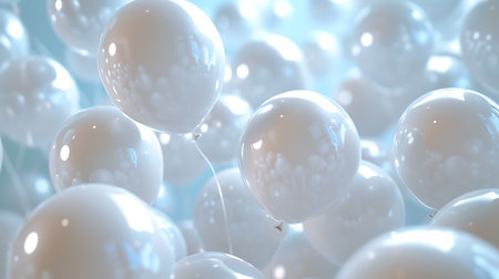 3d rendering of white balloons floating in the blue sky background.の素材