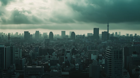 Skyline of Tokyo, Japan with skyscrapers and cloudy skyの素材