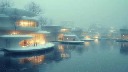 3d render of modern building in the winter with snow and fogの素材