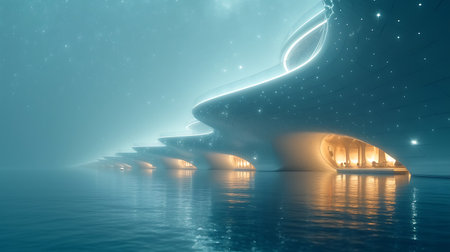 3d illustration of a futuristic building with a reflection in the waterの素材