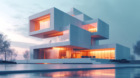 3d rendering of modern cozy house with pool and parking for sale or rent. Sunset light.の素材