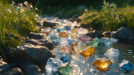 Closeup of a group of multicolored glass stones in the waterの素材