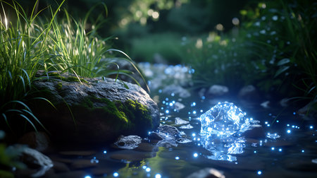 Ice crystal in pond with green grass at night. 3D renderingの素材