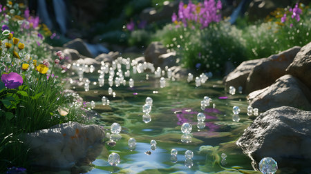 Beautiful spring garden with blooming flowers, fountain and stones.の素材