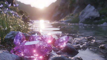 Purple magic crystal on the rock in the forest. 3d renderingの素材