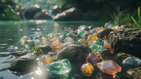 colorful stones in the water on a background of green forest.の素材