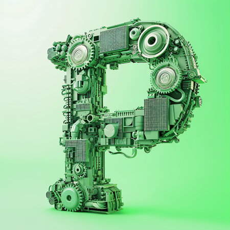 Mechanical alphabet made from gears and cogwheels on green backgroundの素材