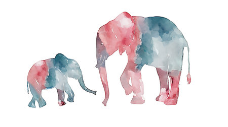 Watercolor illustration of an elephant with cubs on a white backgroundの素材