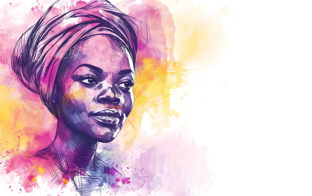 Beautiful african american woman face on watercolor background.の素材