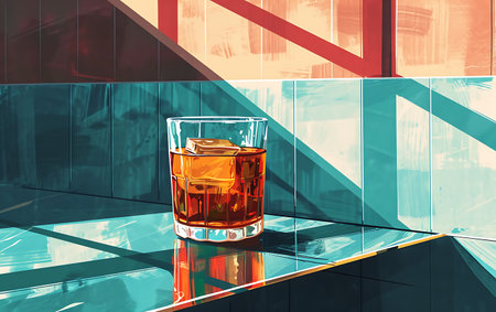 Glass of whiskey with ice cubes on the background of modern architecture.の素材