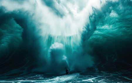 Surfing in the ocean with big wave. 3D rendering.の素材