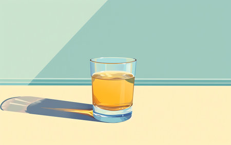 Glass of whiskey on a yellow-blue background. 3d renderingの素材