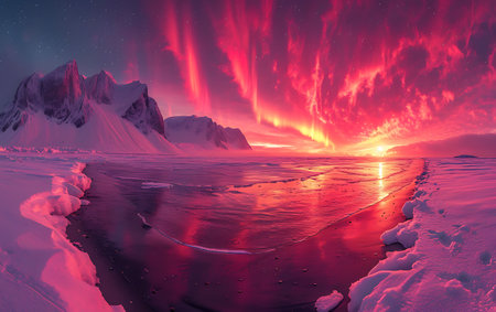 Fantasy alien planet. Mountain and lake with snow. 3D illustrationの素材