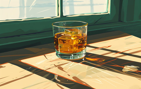 Glass of whiskey with ice on a wooden table. Vector illustration.の素材