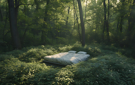 Wooden bed in the forest in the morning mist. 3D renderingの素材