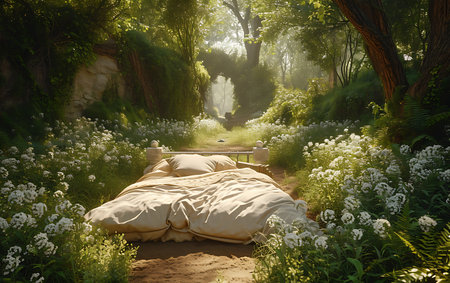 Wooden bed in the morning sunlight in the summer garden with white flowersの素材