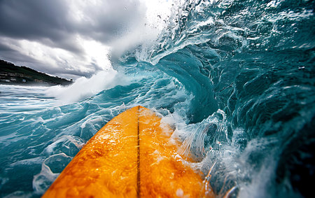 Close up view of a surfboard in the ocean with stormy skyの素材