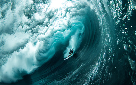 Surfing in ocean wave. Surfing on blue ocean wave.の素材