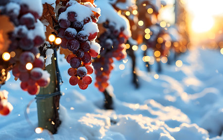 Bunches of ripe red grapes covered with snow in vineyard at sunsetの素材