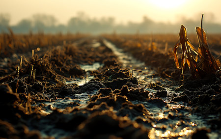 agricultural field in the early morning with sun light and shadowの素材