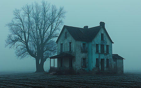 Old house in a foggy field with bare trees in the backgroundの素材