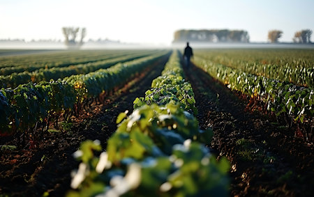 Cultivated field with rows of vineyards in the early morningの素材