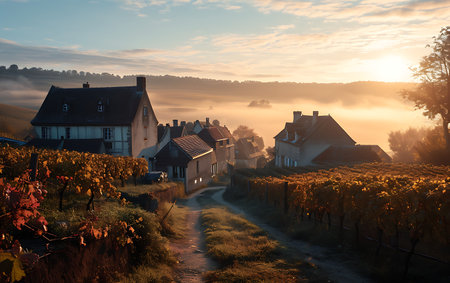 Sunrise over the vineyards in autumn in the countryside of Belgiumの素材