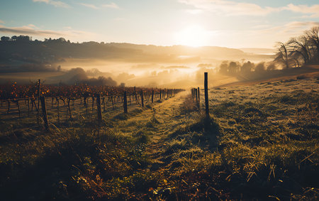 Foggy morning in the vineyard. Rural landscape with sunbeams.の素材