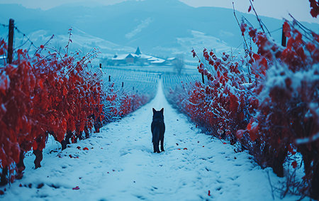 Beautiful winter landscape with a dog on the background of the vineyardsの素材