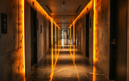 Long corridor in a dark room with yellow lights, 3D renderingの素材