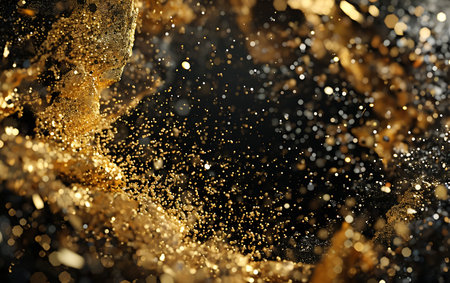 Gold splashes of water on black background. Golden explosion of confetti.の素材