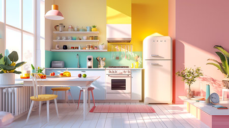 Kitchen interior in pink and yellow tones. 3D rendering.の素材