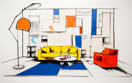 Sketch of living room with sofa and armchair on white backgroundの素材