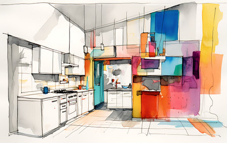 sketch design of kitchen, interior sketch, illustrationの素材