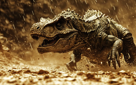 Tyrannosaurus Rex running in the rain. Toned.の素材
