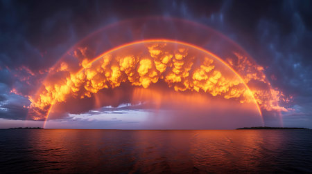 Rainbow over the sea at sunset, 3d render illustration.の素材