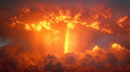 3d illustration of explosion in the sky with clouds and sun raysの素材