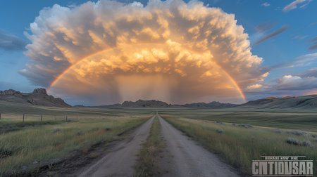 Rainbow over the road in the prairie of Colorado, USAの素材