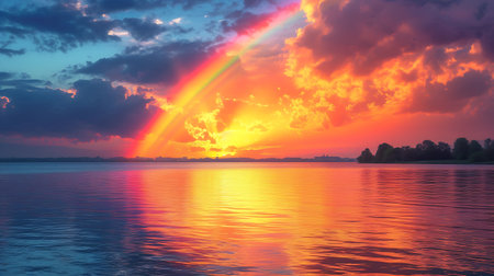 Beautiful sunset over the lake with rainbow. Nature background. Landscape.の素材
