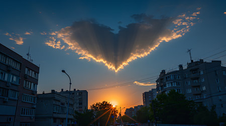 Sunset over the city with clouds in the shape of a heartの素材