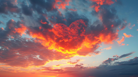 Valentine's day background with heart shaped clouds at sunset.の素材