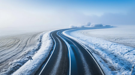 Winter road with snow and fog, panoramic view from aboveの素材