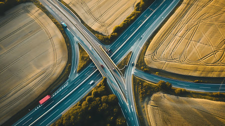 Aerial view of highway junction with crossroads and roads in Polandの素材
