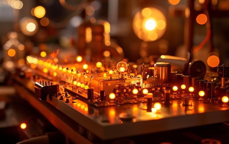 Electronic circuit board closeup with bokeh lights on backgroundの素材